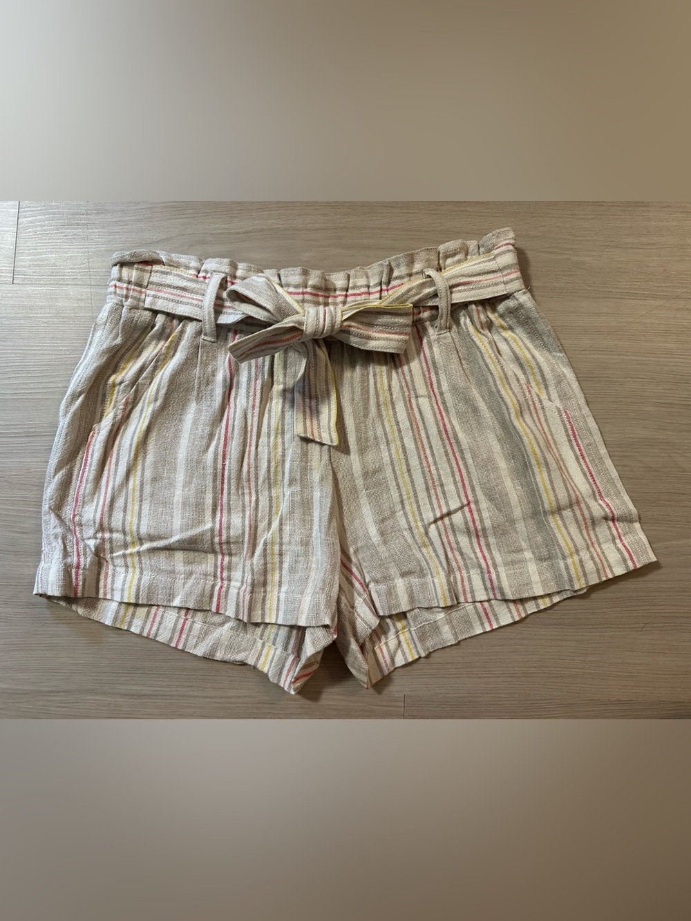 Jolt Beige Striped High Waist Paperbag Linen Blend Shorts